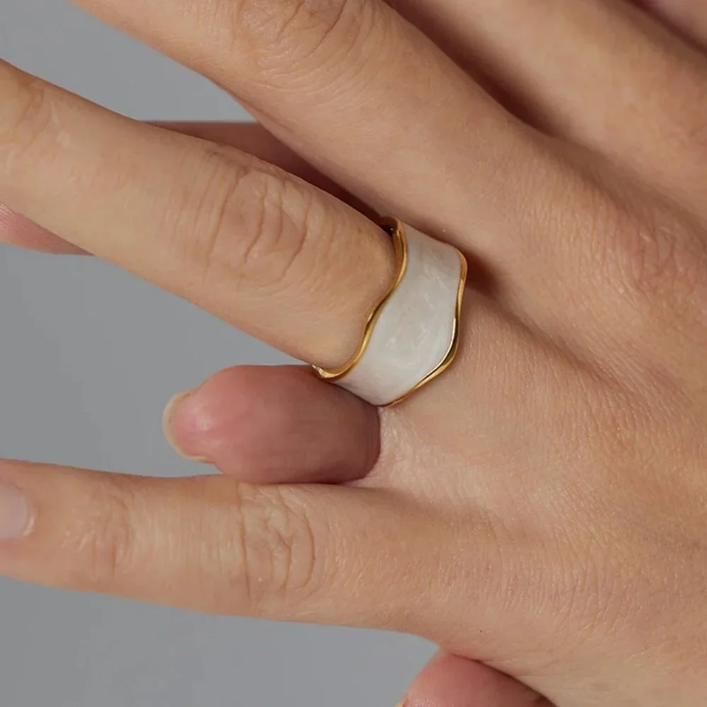 New 18K Gold Plated White Enamel Resizable Ring - Picture 8 of 9